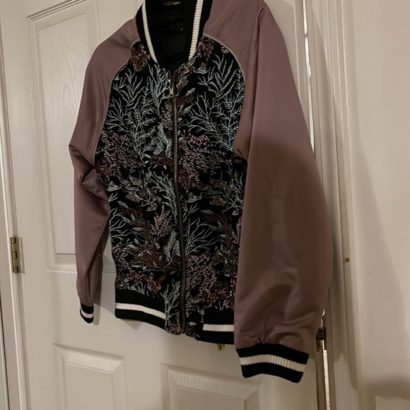 GOLDIE London Size XS Embellished Satin Bomber Jacket Mesh Black Ivory Zip $119 - Picture 3 of 3